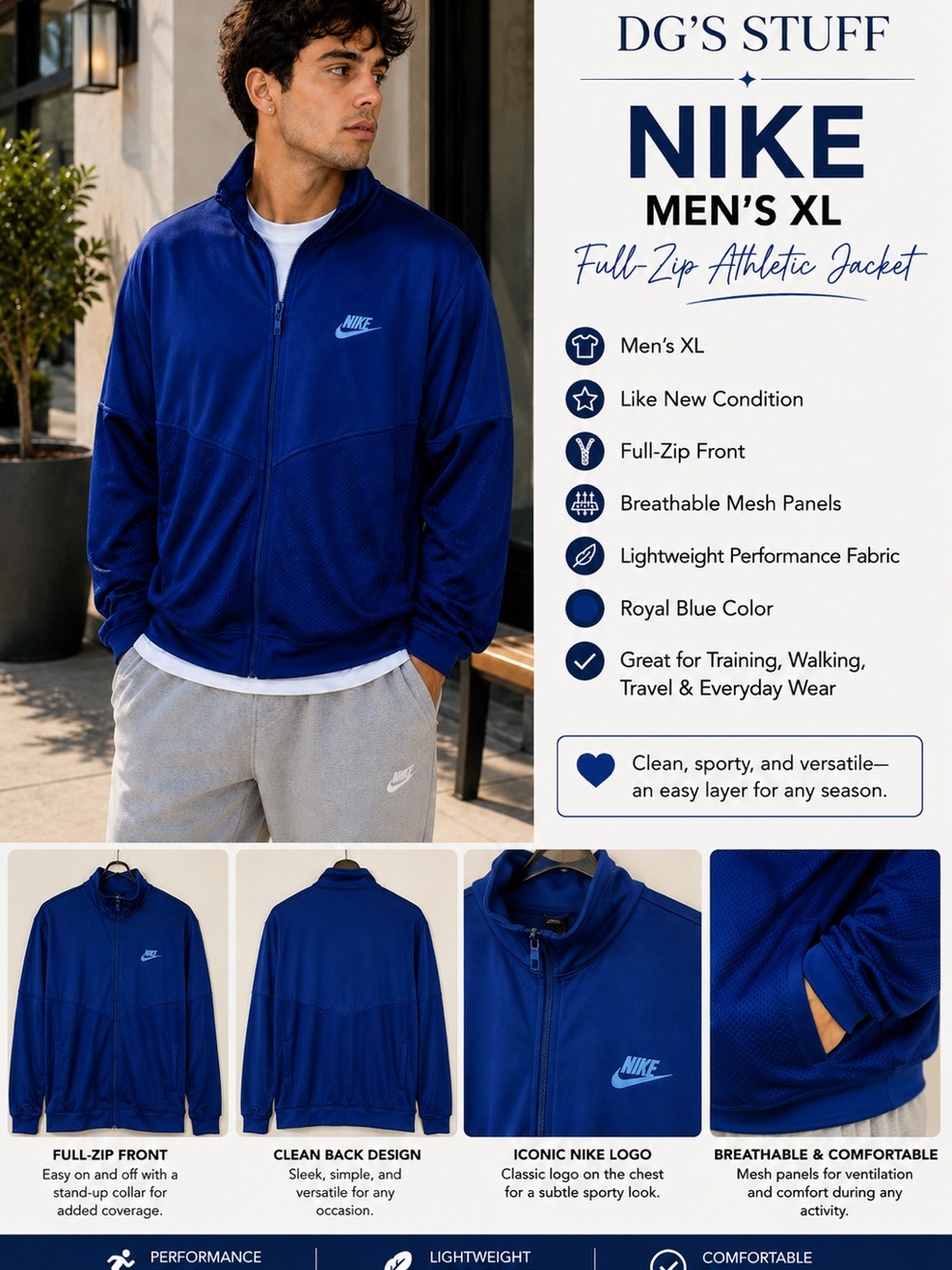 Nike Men's Xl  Royal Blue Full-Zip Performance Jacket